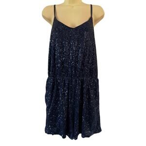 Navy Blue Sequin Knit Romper Woman Size XL Elastic Waist Pockets Lined Clubwear